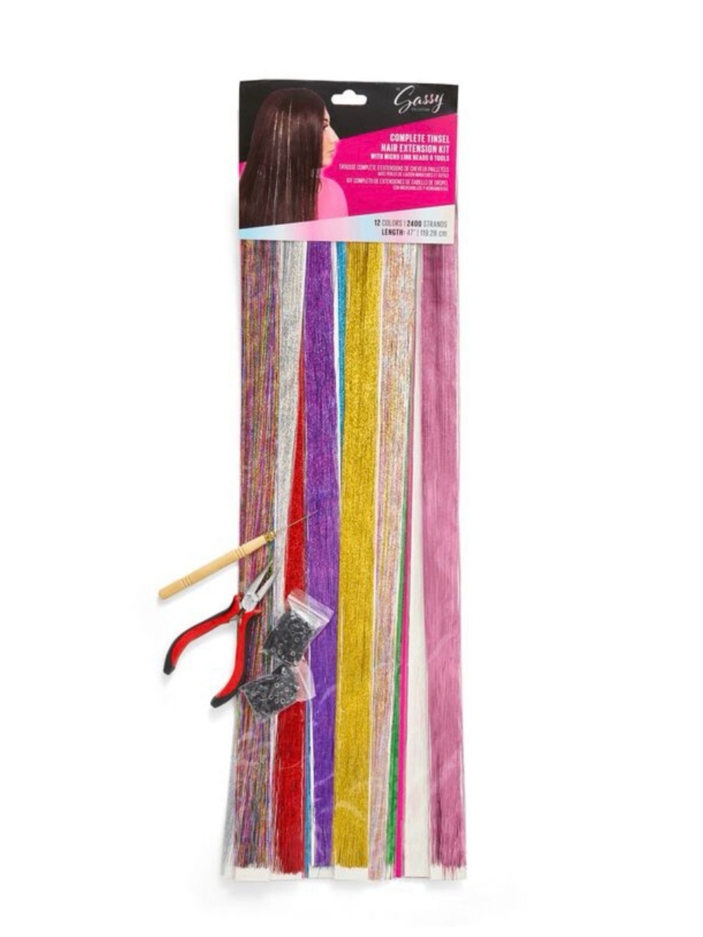 Sassy Multi-Color Tinsel Hair Extension Kit – Pink & Assorted Sparkle Strands